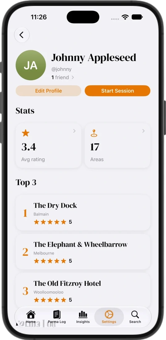 Johnny Appleseed’s profile, with pinned stats and a top three of pubs