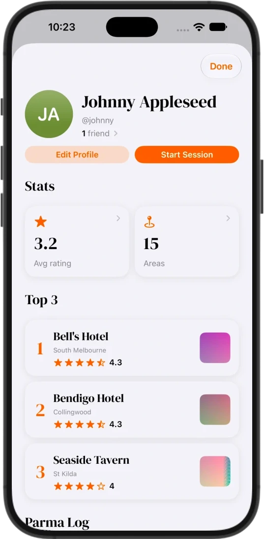 A ParmaMaster profile showing stats, average rating and a top three of pubs